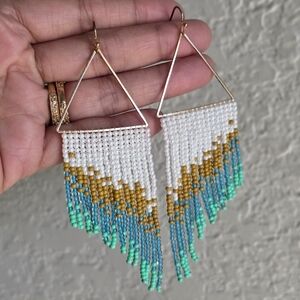 Aqua Geo Fringe Boho Beaded Earrings Handmade Boheme